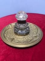 Grote kristallen inktpot op messing schaal, Ophalen of Verzenden