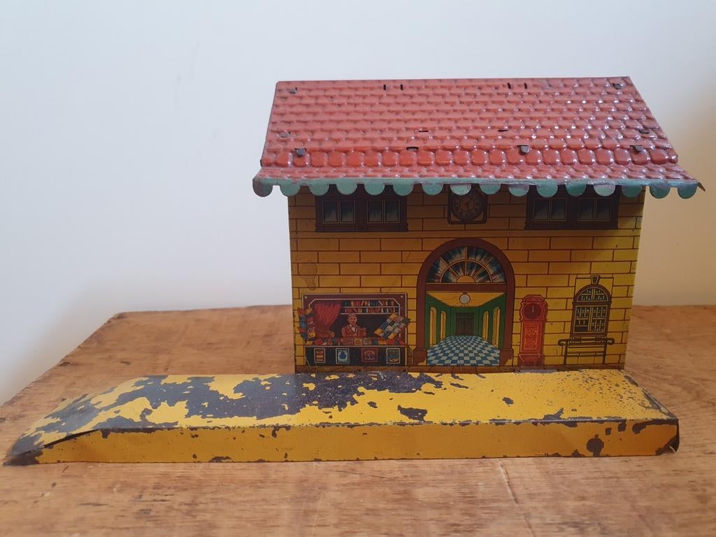 Blikken station oud antiek lithografie treinbaan trein, Ophalen of Verzenden