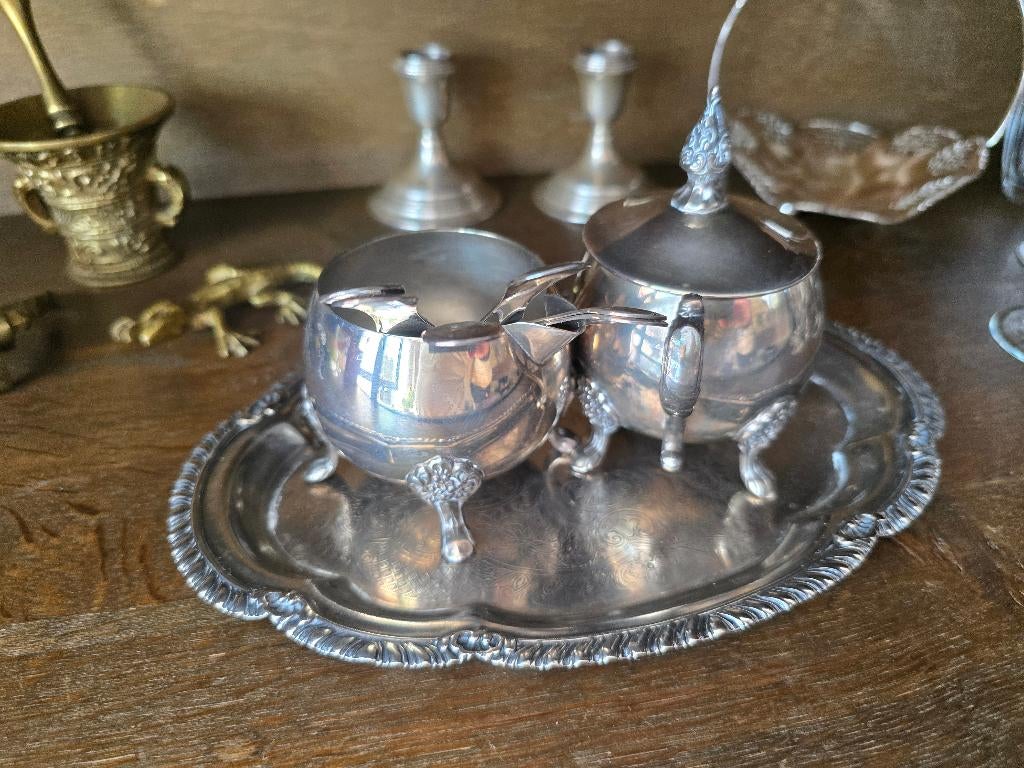 Vintage verzilverde theeset met rechaud en brander RIO, Antiek en Kunst, Ophalen
