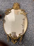 Antieke ovale spiegel met sierlijke bronzen lijst, Ophalen of Verzenden, Ovaal, Minder dan 50 cm