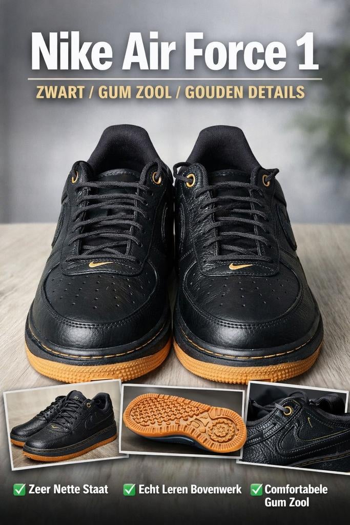 Nike Air Force 1 Deluxe Zwart Leer - Maat 45, Zwart, Nike, Ophalen of Verzenden, Sneakers of Gympen