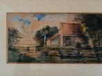Antiek Aquarel Landschap met Huis en Boot, Ophalen of Verzenden