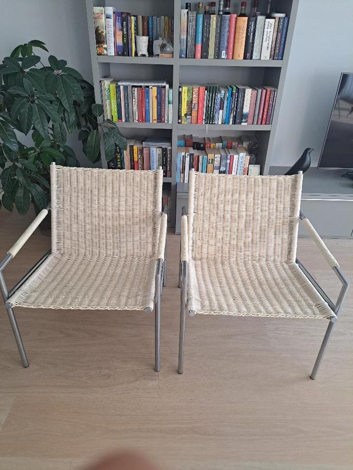 Martin Visser SZ 01 fauteuils (2x) met kunstriet bekleding, Huis en Inrichting, Fauteuils, Zo goed als nieuw, Kunststof, Metaal