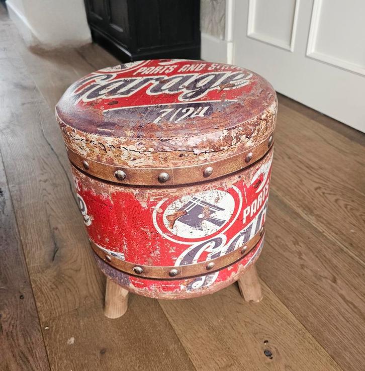 Poef Garage Stijl, Huis en Inrichting, Banken | Voetenbanken en Poefen, Nieuw, Minder dan 50 cm, Minder dan 50 cm, Rond, Hout