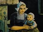 Originele nostalgische prent moeder en kind in oude lijst, Antiek en Kunst, Ophalen of Verzenden