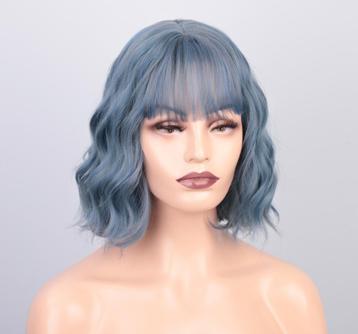 Blauwe Grijze Korte Golvende Pruik Met Bob Haar Haren Dames beschikbaar voor biedingen