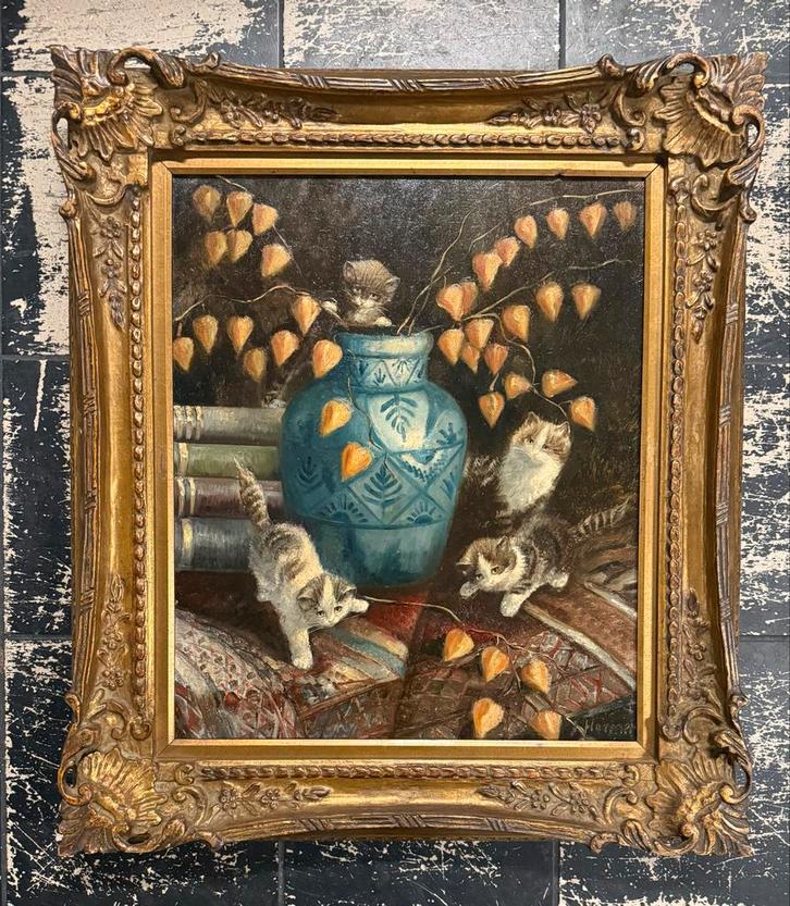 Jan Hovener - Spelende kittens bij bloemenvaas, Antiek en Kunst, Kunst | Schilderijen | Klassiek, Ophalen