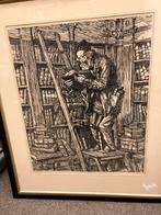 Linosnede De Boekenwurm - Gesigneerd, Antiek en Kunst, Kunst | Etsen en Gravures, Ophalen of Verzenden