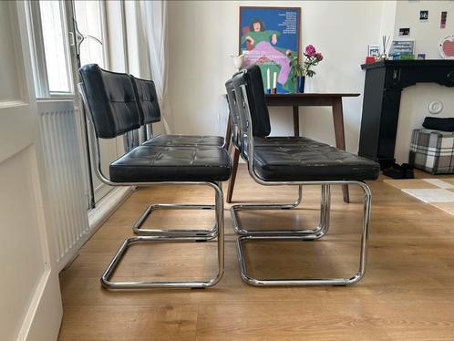 4x cantilever chairs (black leather / chrome), Huis en Inrichting, Stoelen, Gebruikt, Vier, Leer, Metaal, Zwart, Ophalen