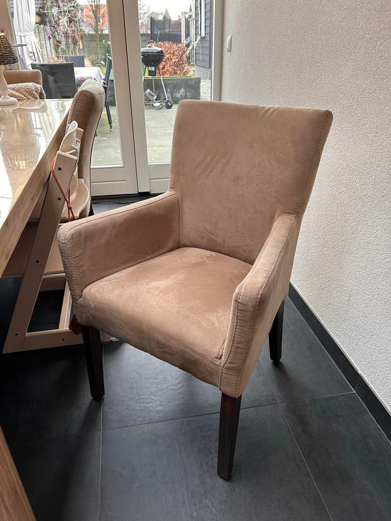 6 eetkamerstoelen met armleuningen, Huis en Inrichting, Stoelen, Ophalen, Gebruikt, Bruin, Eén