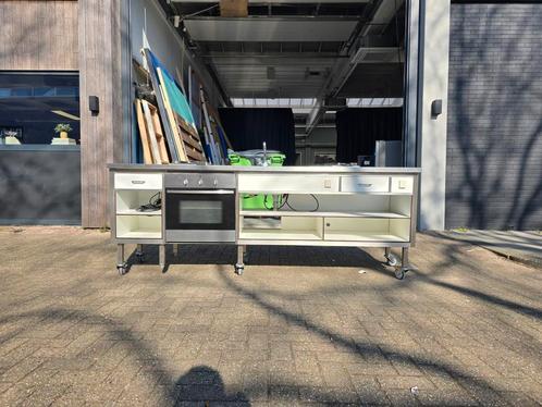 Mobiele keuken, RVS werkblad, 2x gasfornuis, oven, gootsteen, Huis en Inrichting, Keuken | Complete keukens, Gebruikt, Ophalen