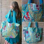 bohemian TURQUOISE GOUD geborduurd handtas strandtas glitter, Ophalen of Verzenden, Nieuw, Blauw, Shopper