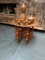 Marokkaanse kleine theetafel houtsnijwerk koper blad servies, Ophalen of Verzenden