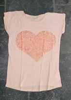 Shirt korte mouw maat 158 - 164, roze + lovertjes hart, H&M, Kinderen en Baby's, Kinderkleding | Maat 158, Meisje, H&M, Ophalen of Verzenden