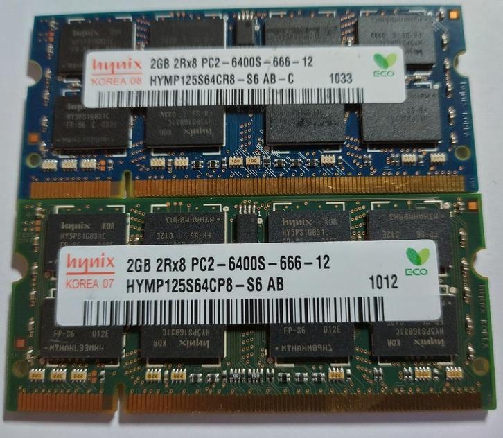 4GB DDR2 2x 2GB PC2-6400S 800MHz Hynix Sodimm 1012 1033, Computers en Software, RAM geheugen, Gebruikt, Laptop, 4 GB, DDR2, Verzenden
