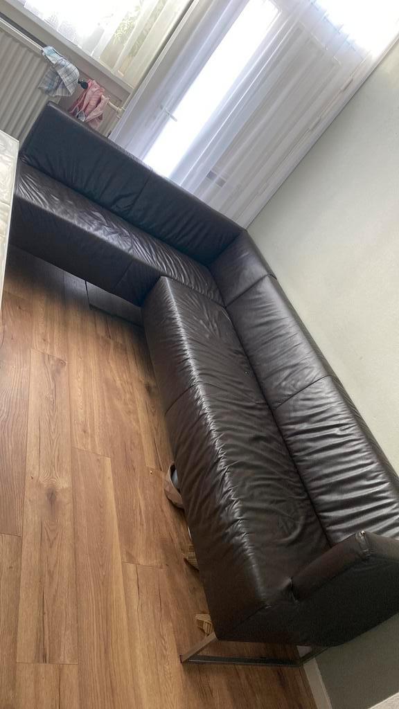 Eethoekbank donkerbruin, Huis en Inrichting, Banken | Complete zithoeken, Gebruikt, Leer, Ophalen