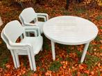 4 leuke lichtblauwe tuinstoelen met tafel, Tuin en Terras, Tuinstoelen, Ophalen, Gebruikt, Kunststof, Stapelbaar