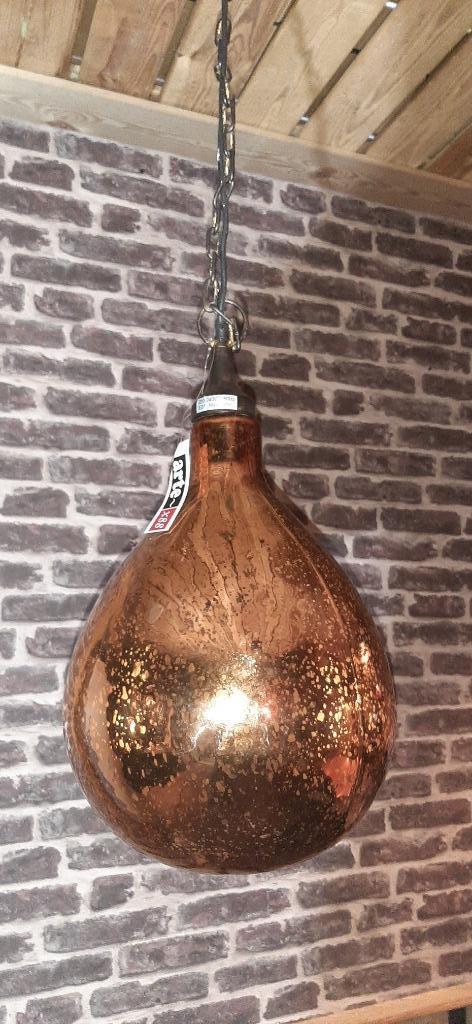 Koperkleurige lamp met ketting, Huis en Inrichting, Lampen | Hanglampen, Nieuw, 75 cm of meer, Glas, Metaal, Ophalen
