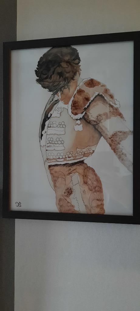 gemengde techniek "torero" geschilderd met wijn en houtskool, Antiek en Kunst, Kunst | Schilderijen | Modern, Ophalen of Verzenden