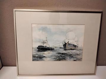 Gesigneerd aquarel schilderij sleep boot smit rusland  beschikbaar voor biedingen