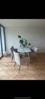 Glazen Eettafel met Metalen Poten, Ophalen, 100 tot 150 cm, Vier personen, Rechthoekig