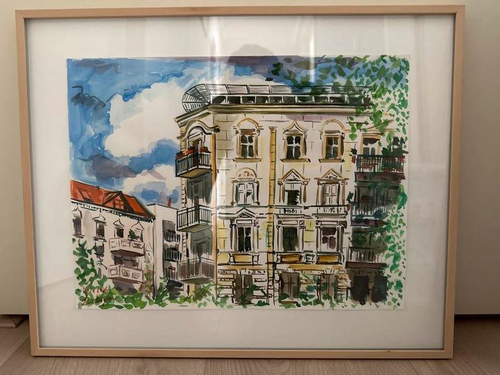 4 aquarel kunstwerken stadsgezichten, Antiek en Kunst, Kunst | Litho's en Zeefdrukken, Ophalen