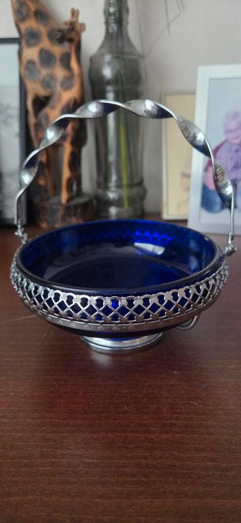 Antieke Bonbonnière met Blauw Glas, Antiek en Kunst, Antiek | Schalen, Ophalen of Verzenden
