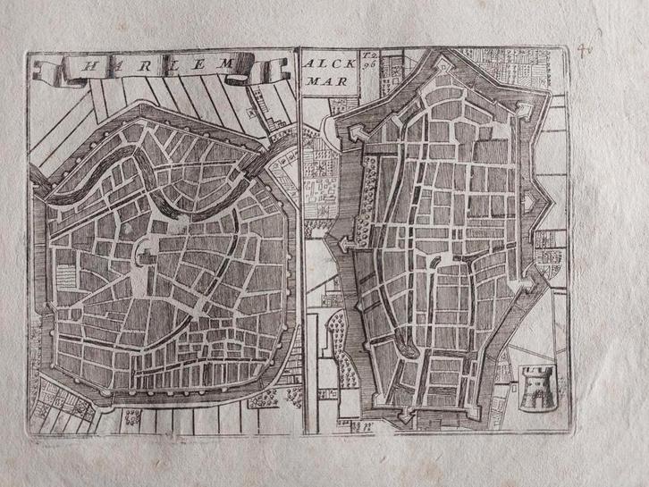 4 / Stadsplattegrond Haarlem & Alkmaar Gravure uit 1706, Antiek en Kunst, Kunst | Etsen en Gravures, Ophalen of Verzenden