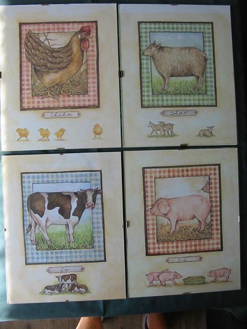 4 originele wissel lijstjes met printen van boerderij dieren, Huis en Inrichting, Woonaccessoires | Schilderijen, Tekeningen en Foto's