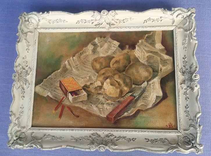Aardappelen op krant met mesje '40 -  W. v. Beek, Antiek en Kunst, Kunst | Schilderijen | Klassiek, Ophalen of Verzenden