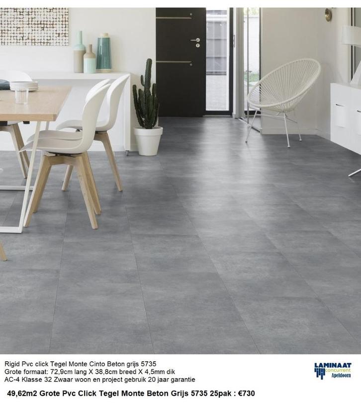 49,62m2 Grote Pvc Click Tegel Monte Beton Grijs 25pak : €730, Huis en Inrichting, Stoffering | Vloerbedekking, Nieuw, Laminaat