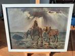 Schilderij met ruiter en paarden, Antiek en Kunst, Ophalen of Verzenden