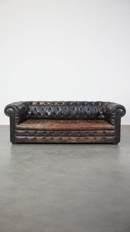 Antieke rundleren 3 zits chesterfield bank, Antiek en Kunst, Antiek | Meubels | Stoelen en Banken, Ophalen