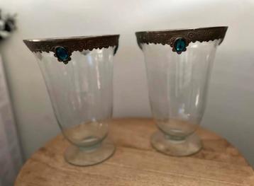 2x Glazen Windlicht met Blauw facet geslepen Glas beschikbaar voor biedingen
