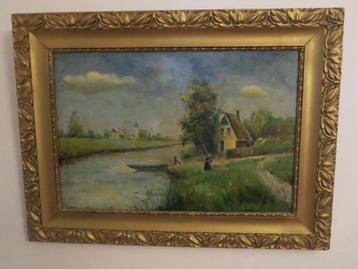 Klassiek olieverf schilderij ,waterlandschap met mooie lijst beschikbaar voor biedingen
