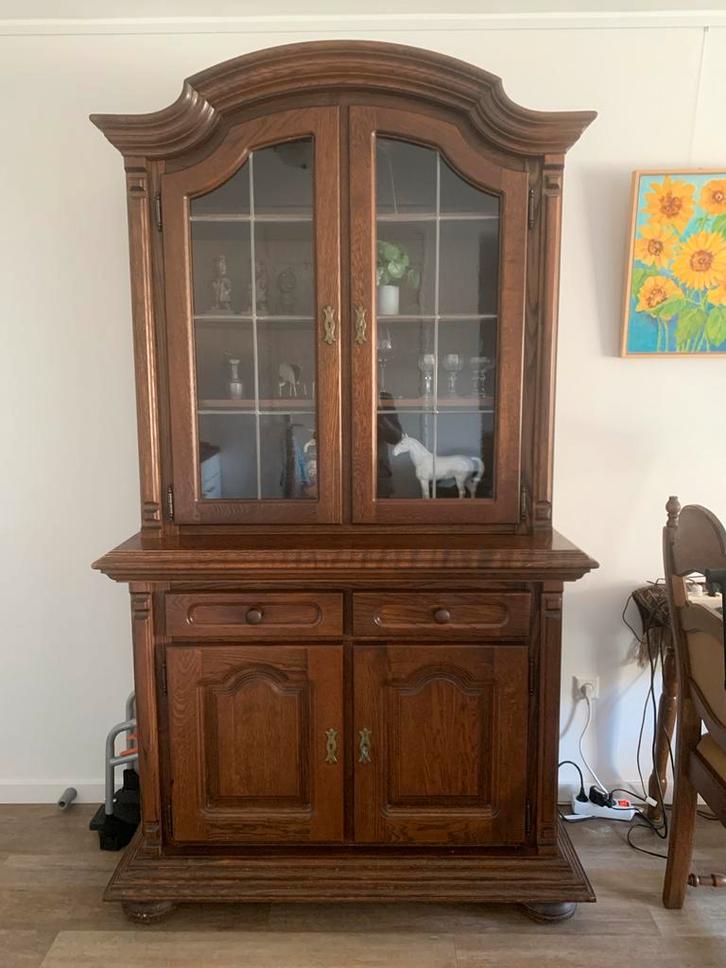 Eiken Buffetkast 2-delig met Glas, Huis en Inrichting, Kasten | Buffetkasten, Gebruikt, 150 tot 200 cm, 100 tot 150 cm, 25 tot 50 cm