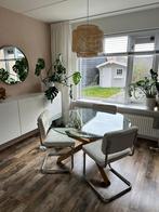 Glazen eettafel met houten onderstel (120cm), Huis en Inrichting, Tafels | Eettafels, Ophalen, Gebruikt, 100 tot 150 cm, Rond