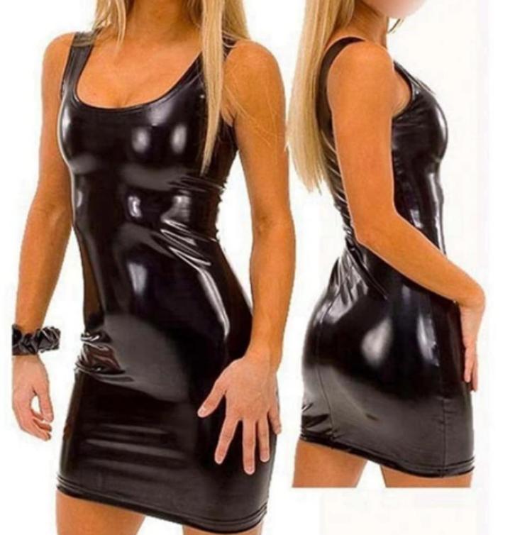 R24 kunstleren jurk zonder mouwen..maat 2XL., Kleding | Dames, Jurken, Nieuw, Maat 46/48 (XL) of groter, Zwart, Boven de knie