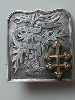Antieke Franse zilver + gouden broche, dubbel kruis + spreuk, Overige materialen, Broche, Verzenden