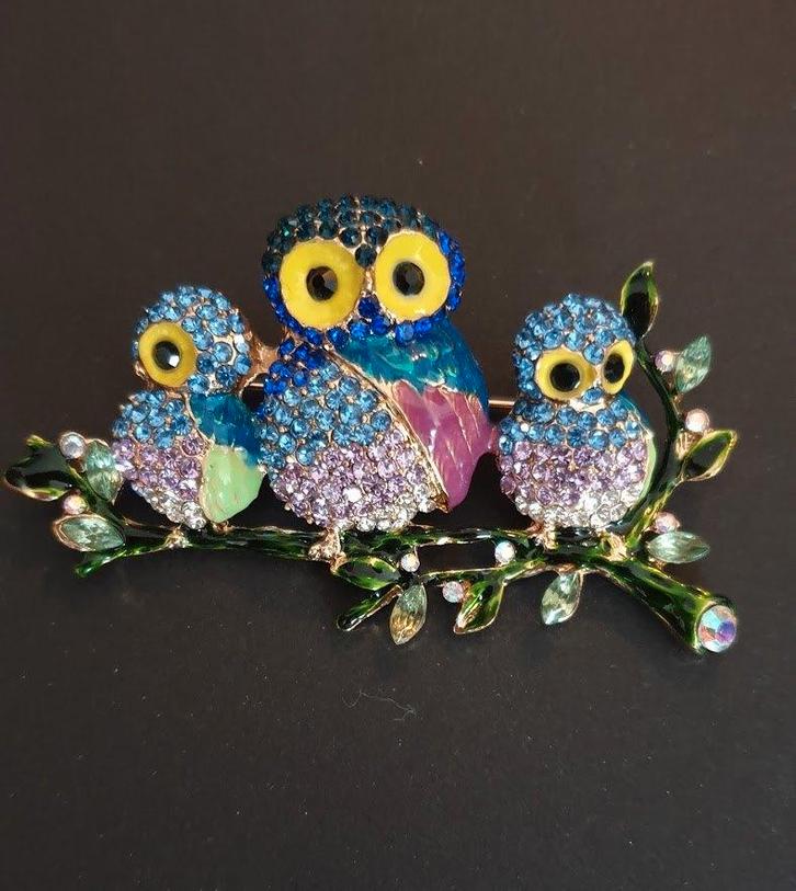 Leuke goudkleurige broche van 3 uilen en Swarovski elements, Sieraden, Tassen en Uiterlijk, Broches, Nieuw, Overige materialen