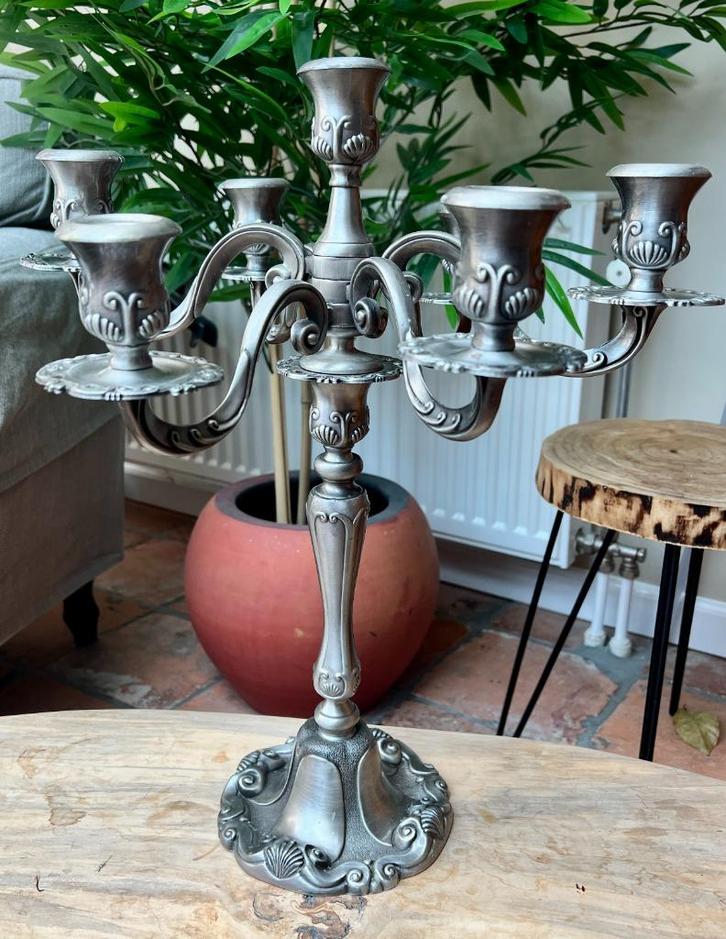 Prachtige tinnen kandelaar – 7 kaarsen, sierlijk ornament –, Antiek en Kunst, Antiek | Kandelaars, Overige materialen, Ophalen of Verzenden