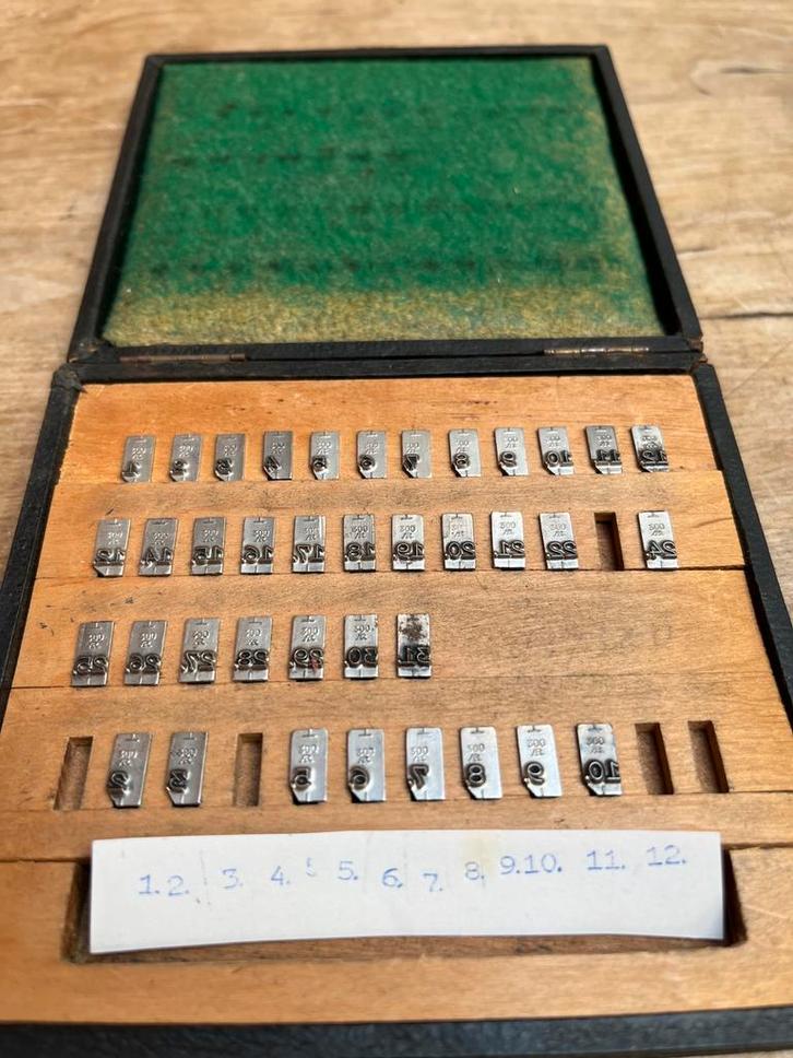 Vintage set datumcijfers drukletters in kistje, Antiek en Kunst, Antiek | Kantoor en Zakelijk, Ophalen of Verzenden