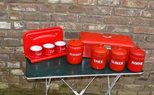 emaillen broodtrommel beschuitbus set koffie zeep soda, Antiek en Kunst, Curiosa en Brocante, Ophalen