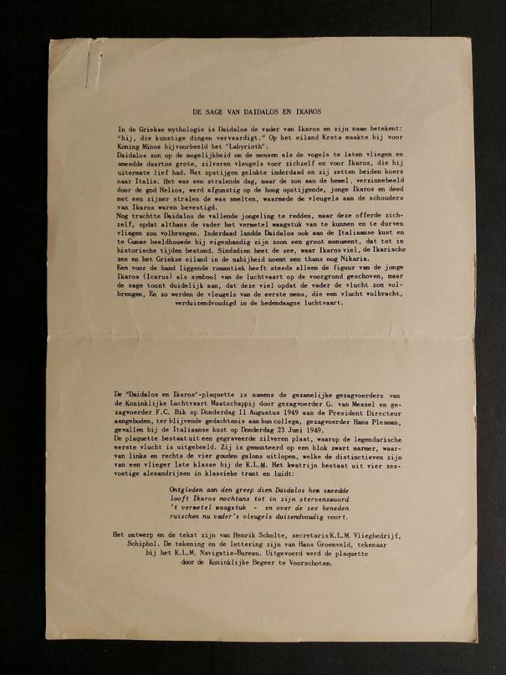 Schrijven “De sage van Daidalos en Ikaros” uit 1949 (K684), Verzamelen, Luchtvaart en Vliegtuigspotten, Gebruikt, Boek of Tijdschrift