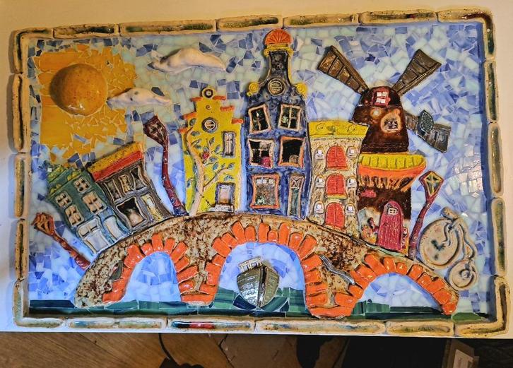 Handgemaakte Wandbeeld keramiek amsterdam grachtenpanden, Antiek en Kunst, Kunst | Overige Kunst, Ophalen