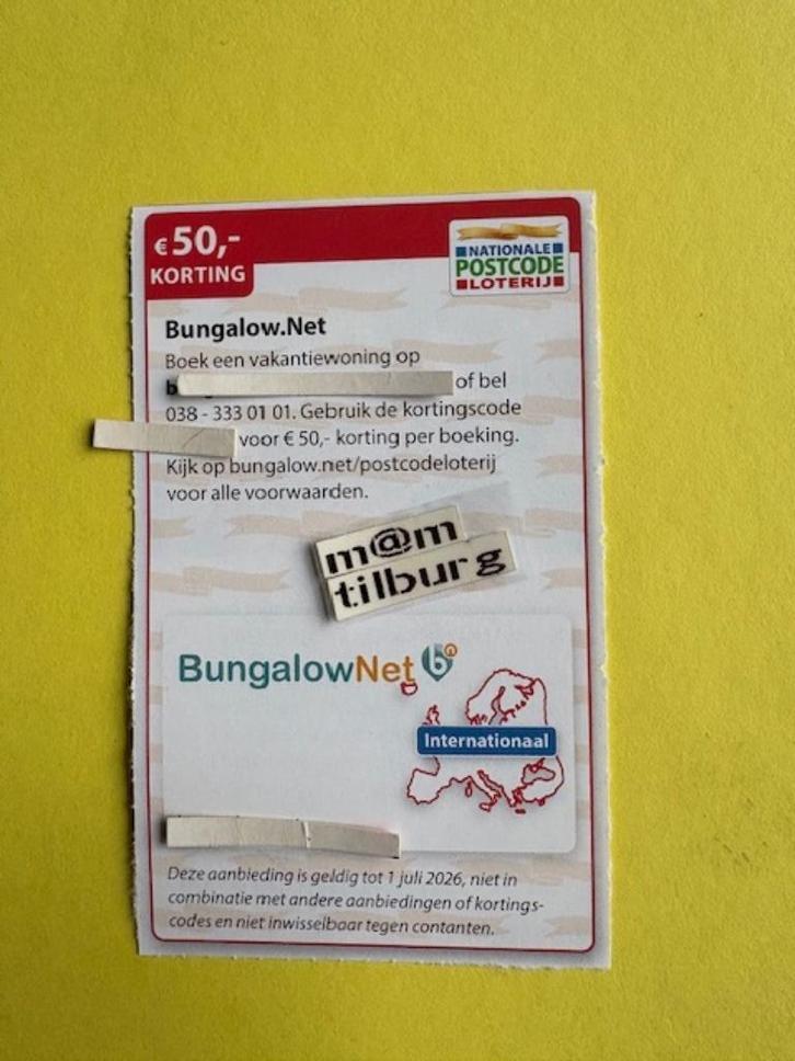 Bungalow €50,- korting, Tickets en Kaartjes, Kortingen en Cadeaubonnen, Drie personen of meer, Bungalowpark, Kortingsbon