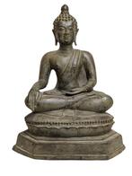 Zware bronzen Boeddha – 19e eeuw – met sporen van oud goud, Antiek en Kunst, Ophalen of Verzenden, Brons