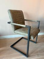 6 leren eettafelstoelen olijfgroen met stalen onderstel, Huis en Inrichting, Stoelen, Ophalen, Zo goed als nieuw, Leer, Vijf, Zes of meer stoelen