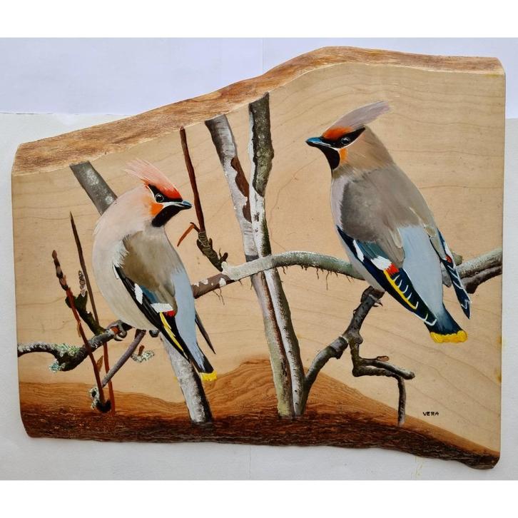 Schilderij pestvogels op hout voor huis of tuin, Tuin en Terras, Tuinwanddecoratie, Nieuw, Ophalen of Verzenden