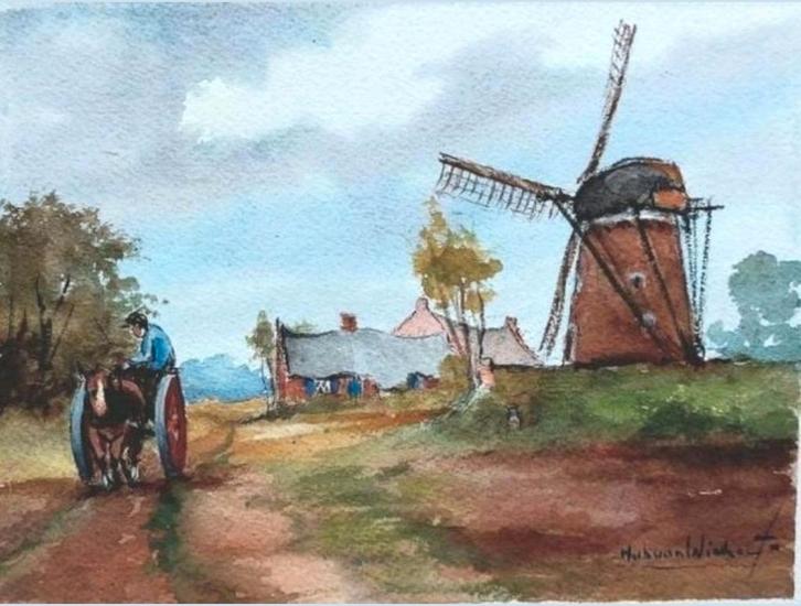 Aquarel... Hub van Winkel... gesigneerd... 15 x 20 cm..., Antiek en Kunst, Kunst | Schilderijen | Klassiek, Ophalen of Verzenden